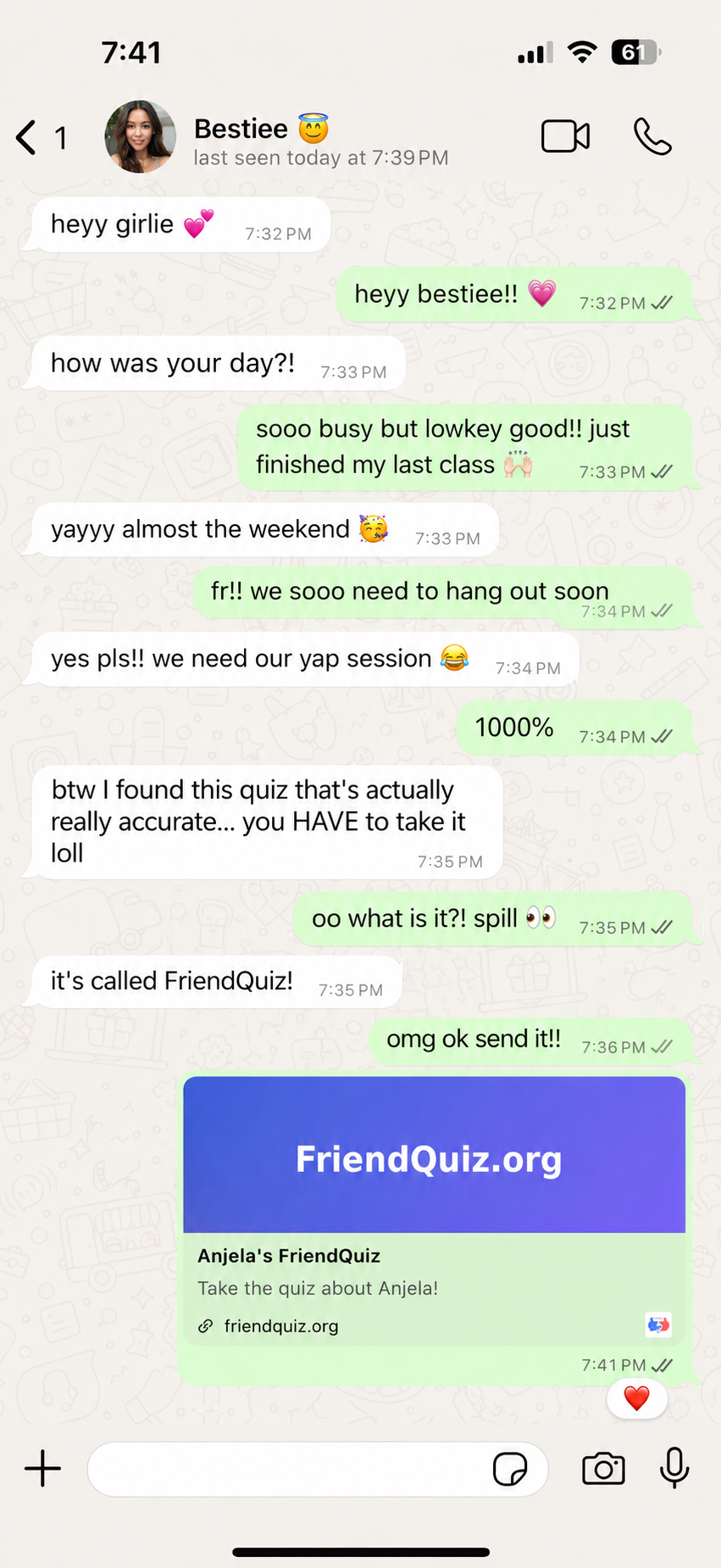 Friend Quiz link shared in a WhatsApp chat between best friends